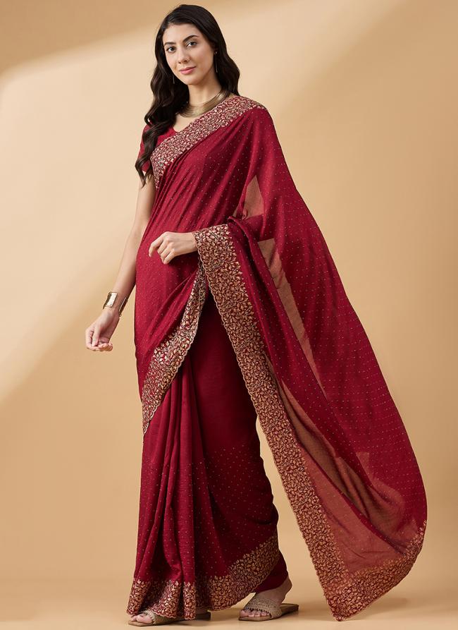 Tissue Slub Maroon Party Wear Sequence Work Saree